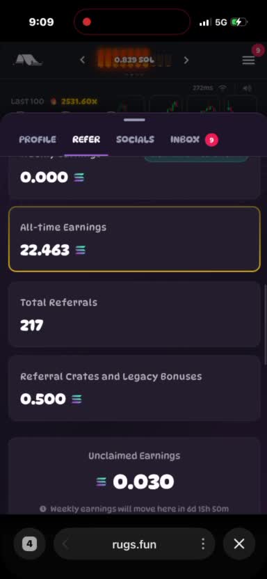 Rugs.fun Refer panel showing 217 total referrals and 22.463 SOL all-time earnings